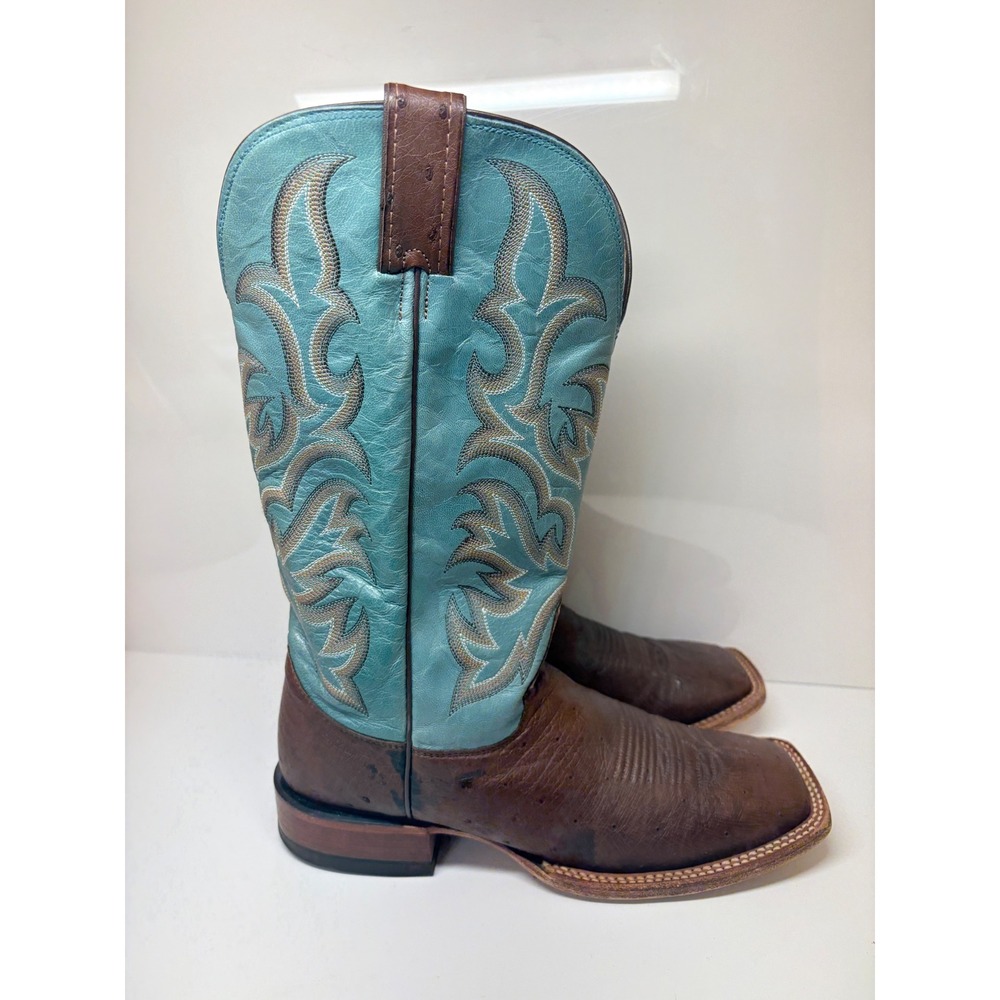 Justin Womens L5527 Ostrich Cowboy Boots Antique Brown Turquoise Square Toe 10B